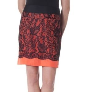 Orange and Black Floral Lace Pencil Skirt